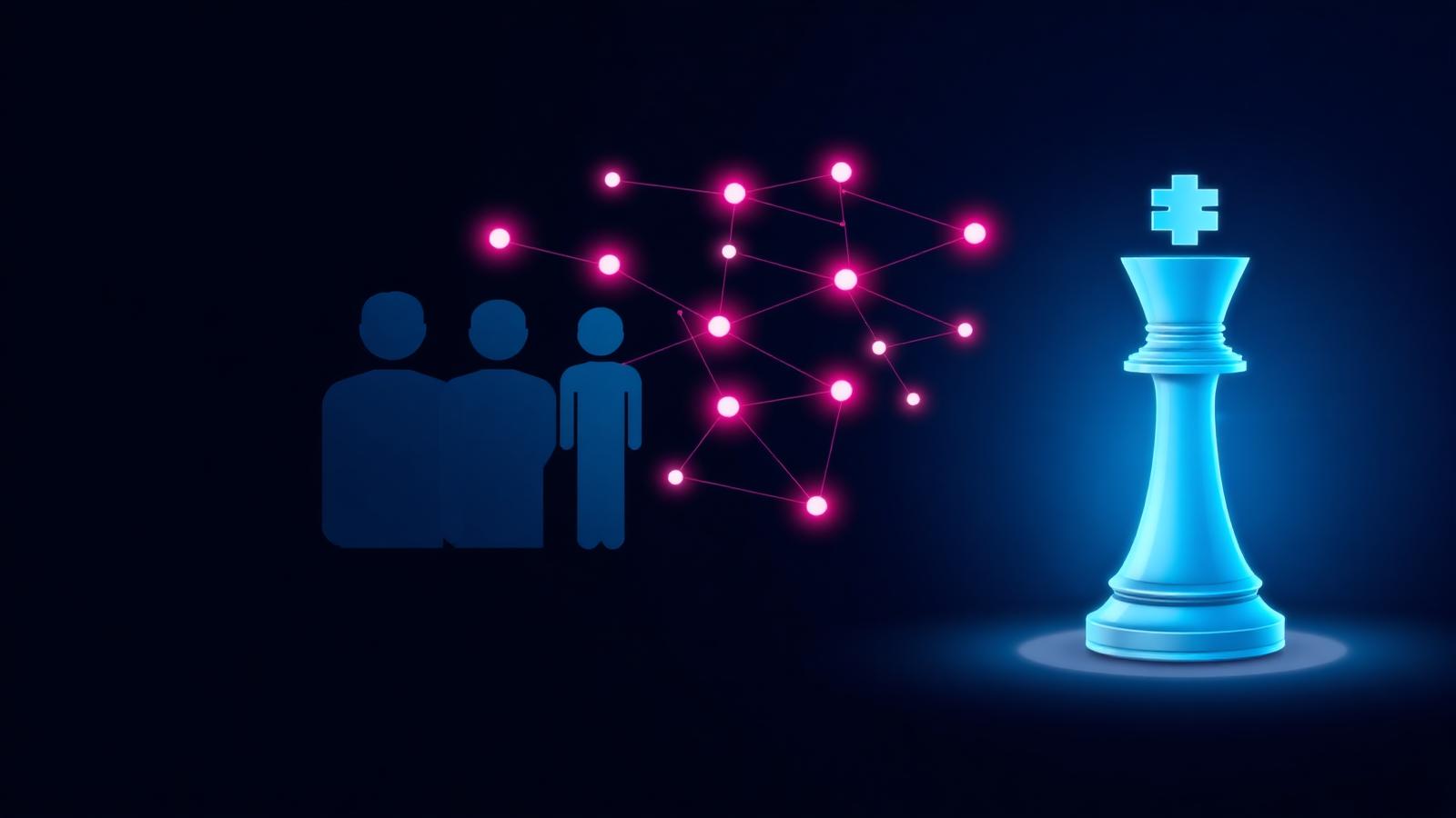 Royal blue chess king beside a fuchsia team network on a navy background