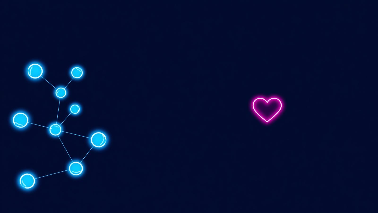 Glowing royal blue customer journey network with a fuchsia heart on a navy background